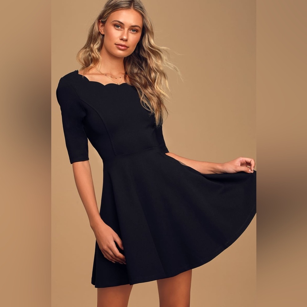 Lulus • black scalloped neck 3/4 sleeve dress